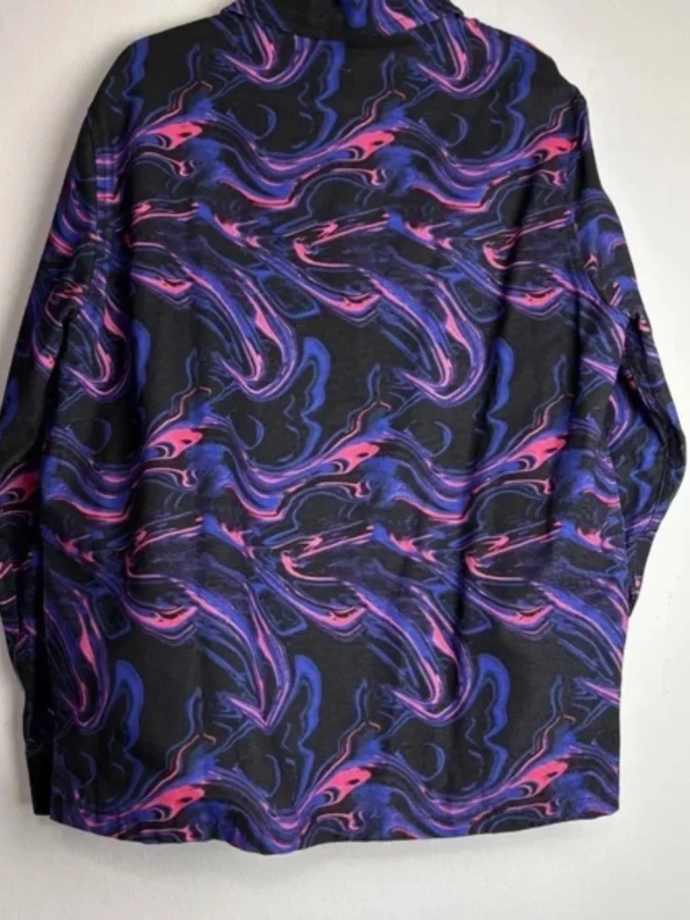 Zara Mens Denim Jacket Overshirt XL Purple Pink Abstract Marbled Printed Relaxed